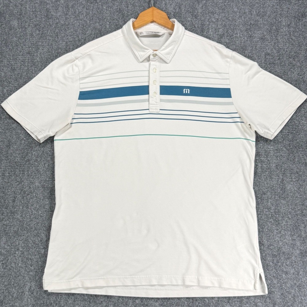 TravisMathew Men's XL White Blue Stripe Cotton Stretch Golf Polo Shirt